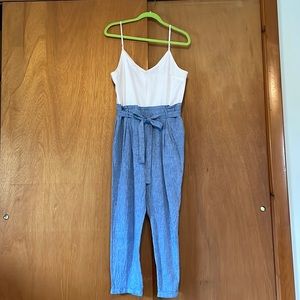 Blue and white jumpsuit with pockets